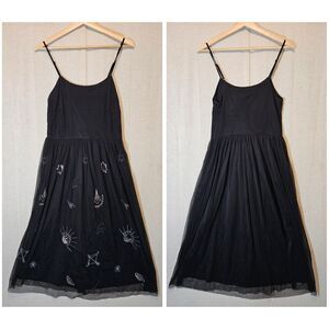 BONGO Black Tulle Midi Dress Silver Embroidered Planets Astrological Size M